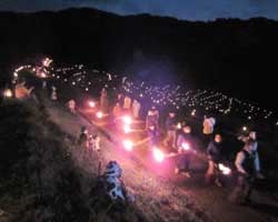 たいまつを手に持ち棚田を練り歩く参加者。（9日、上田市殿城）