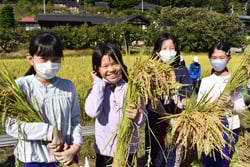 収穫を喜ぶ児童ら