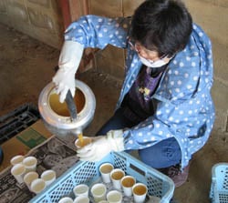 出来立ての廃油石鹸を紙コップの型に流す女性部員