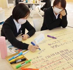 意見を出し合って模造紙に書き込み、SDGsへの意識を高めた研修会