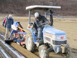 寒さ厳しい中、張り切って作業に当たる社員