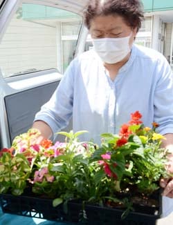 花苗を車に積み込む部会員（28日　松本市で）