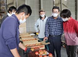 規格を確認する生産者（20日松本市にて）
