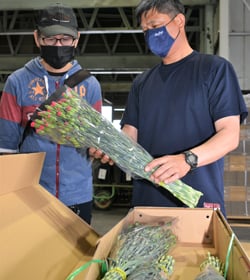 出荷規格を確認する唐澤部会長（右）と部会員