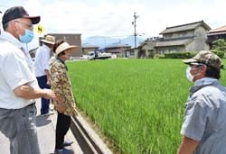 技術員が水田を確認しながら、組合員らと話す