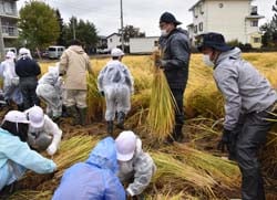 児童の作業を手伝いながら見守る青壮年部員