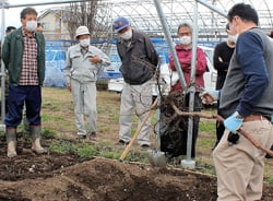 植穴の前で苗木の植えを学ぶ参加者