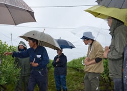 園地を見ながら情報交換する生産者ら