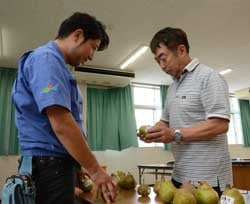 出荷規格を確認する生産者と窪田考査役（左）