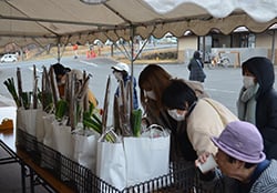 中身を確認しながら目当ての福袋を購入する家族