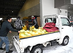 収穫した雪中キャベツを集荷場に持ち込む生産者
