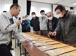 収穫した大豆を見比べながら作況を確認する生産者ら