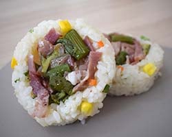 上伊那産のアスパラガスを使った「アスパラベーコンピラフ」