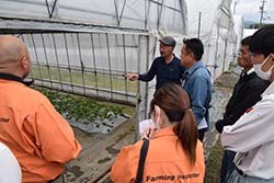 栽培ハウスで情報交換を行う生産者ら