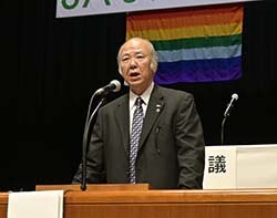 5月24日、長野県民文化会館にて挨拶する宮澤組合長