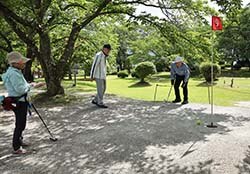声を掛け合いながらマレットゴルフを楽しむ会員