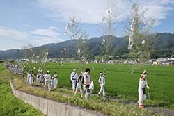 1番旗を持つ6年生を先頭に、隊列を組んで水田地帯を練り歩く子どもたち。はやし歌や太鼓、鐘の音が響き渡った