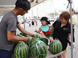 旬のすいかを買い求める来場者