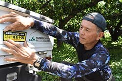 被害防止の願いを込めてステッカーを貼る支所運営委員の熊谷さん
