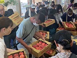 開店直後、桃の格外品を買い求める客