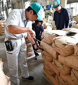 玄米を抜き出し、品質を検査する検査員(長野県大町市常盤で)