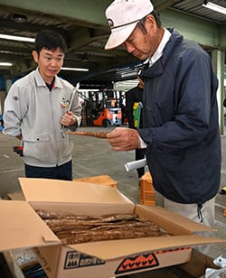 見本のヤマゴボウを手に取り出荷規格を確認する生産者
