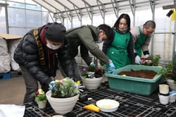 花の並びを考えながら植える参加者