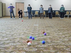 ニュースポーツの「ボッチャ」を体験する参加者（長野県上田市で）