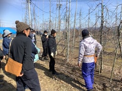 剪定の方法を聞く就農体験会の参加者ら（左）（長野県安曇野市で）
