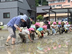親子で楽しんだ田植え作業（長野県飯田市で）
