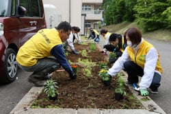 紅林荘で、花壇を整備して花苗を植える参加者