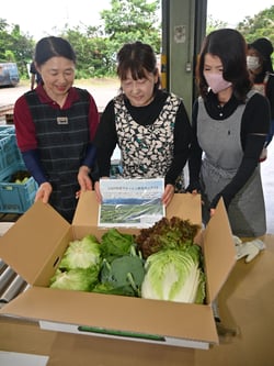 朝採りした野菜を手に取る部会員ら