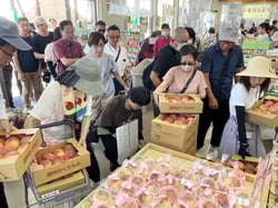 開店直後に桃を買い求める大勢の客（長野県松川町で）