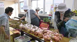 旬の農産物をかごに入れる来場者ら