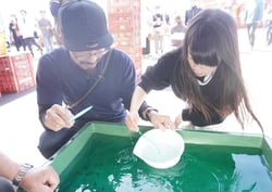 めだかすくいを楽しんだ丸山さん親子（安曇野市堀金）