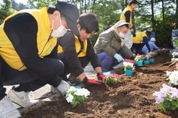 「紅林荘」で花壇に色とりどりの花苗を植える参加者（長野県富士見町で）