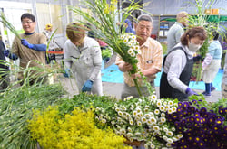 一般用の花束をつくる同連盟の会員や生活部会員ら（長野県宮田村で）