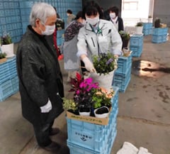 山口講師（右）の指導を受け、寄せ植えを学ぶ参加者