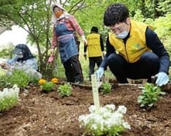 思いを込めて花を植える参加者