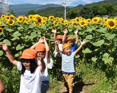 ゴールする園児ら（熱中症対策のためマスクを外しています）