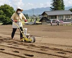 種まき機「ごんべえ」で種をまくメンバー