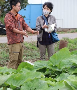 ゴボウのほ場で栽培管理の方法を説明する北住さん（左）とメモを取る斉藤さん（右）