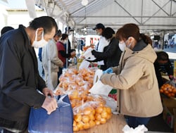 大長みかんを買い求める来場者（左）