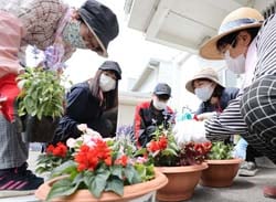 色とりどりの花を使って、寄せ植えをする参加者