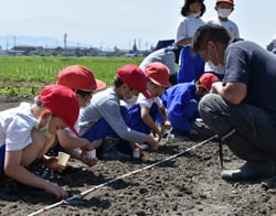 JA職員（右）の指導を受け、種を蒔く児童ら