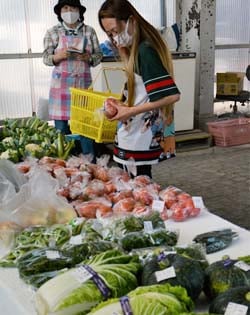 新鮮な農産物を買い求める買い物客