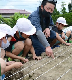 児童に種の植え方を教える伊藤さん
