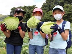 収穫したキャベツを手に笑顔の参加者