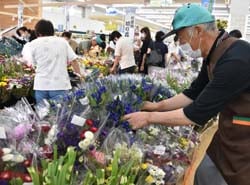 A・コープ松代店で花束の品出作業を行う生産者