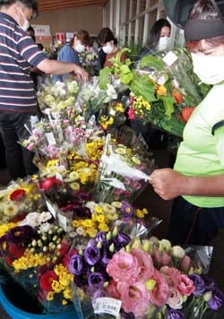 新鮮な盆花が並んだ花市
